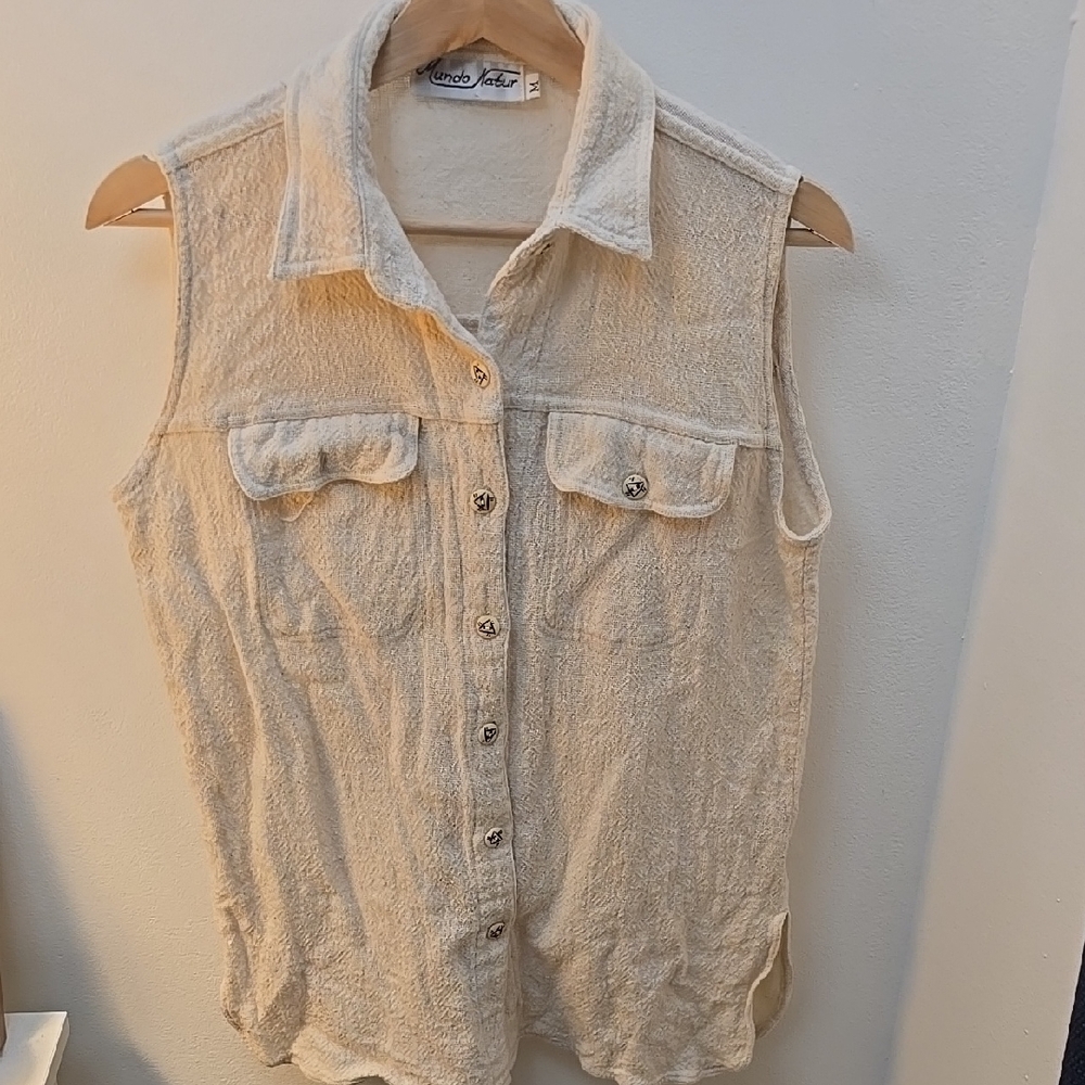 Women's Cream Sleeveless Button-Down Shirt Size Medium 100% Cotton